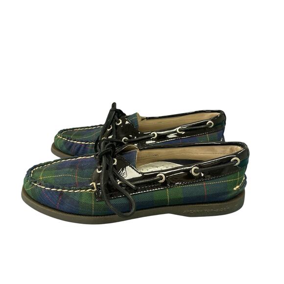 Sperry Tartan Plaid Canvas Patent Leather Trim Lace Up Boat Shoe Womens Size 6 - Picture 4 of 8